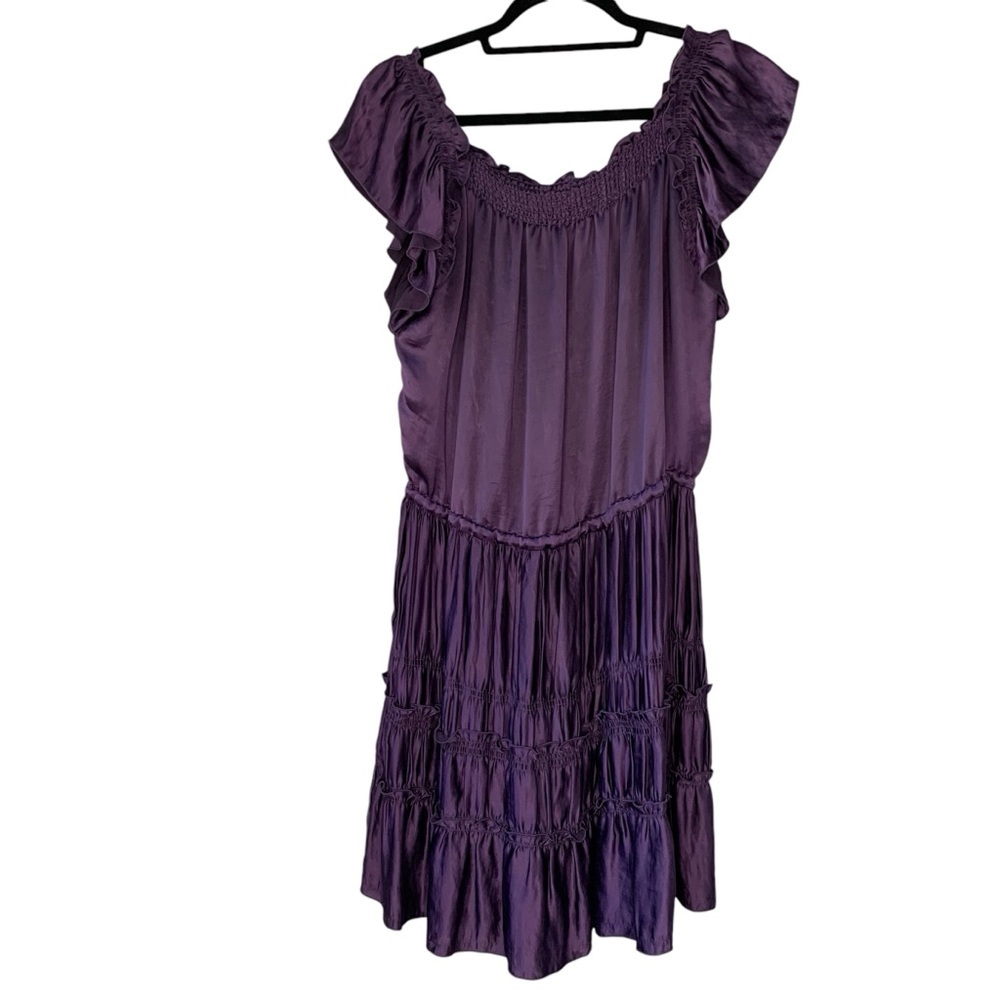 Theory royal purple tiered poly sateen mini dress with ruffle cap sleeve. Size M